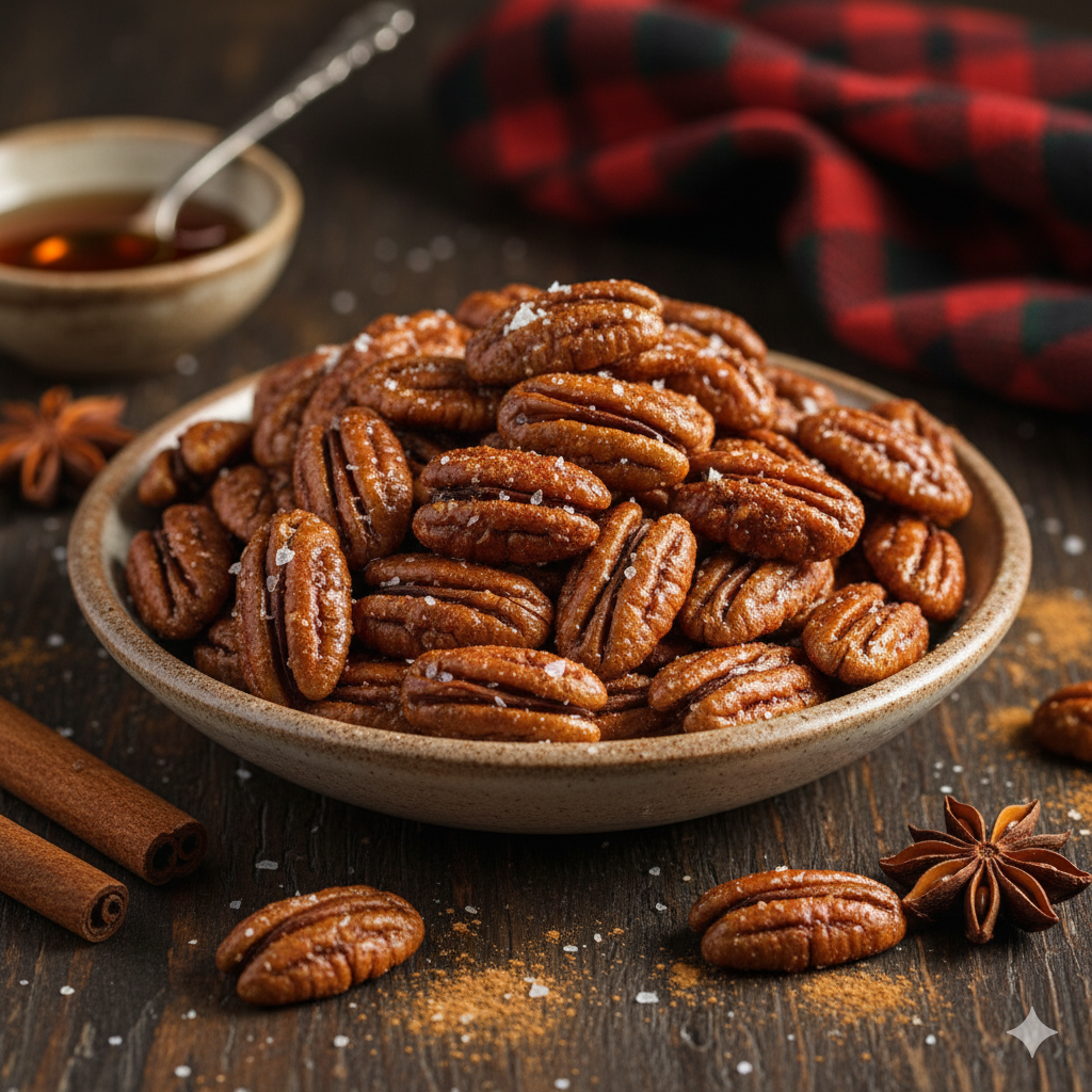 Maple roasted pecans recipe - anti-inflammatory gut-friendly snack with healthy fats and prebiotic fiber