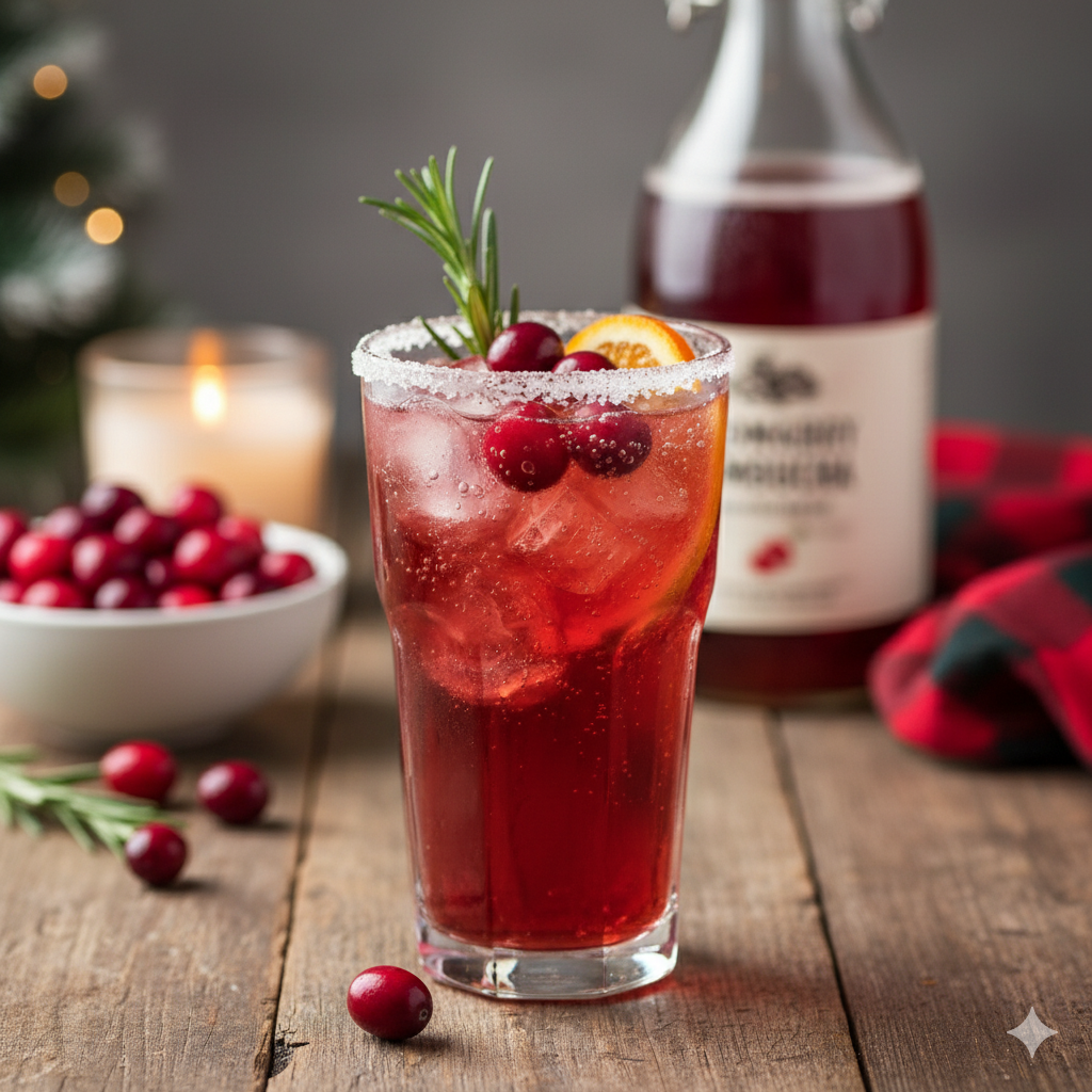 Cranberry kombucha mocktail, holiday drink