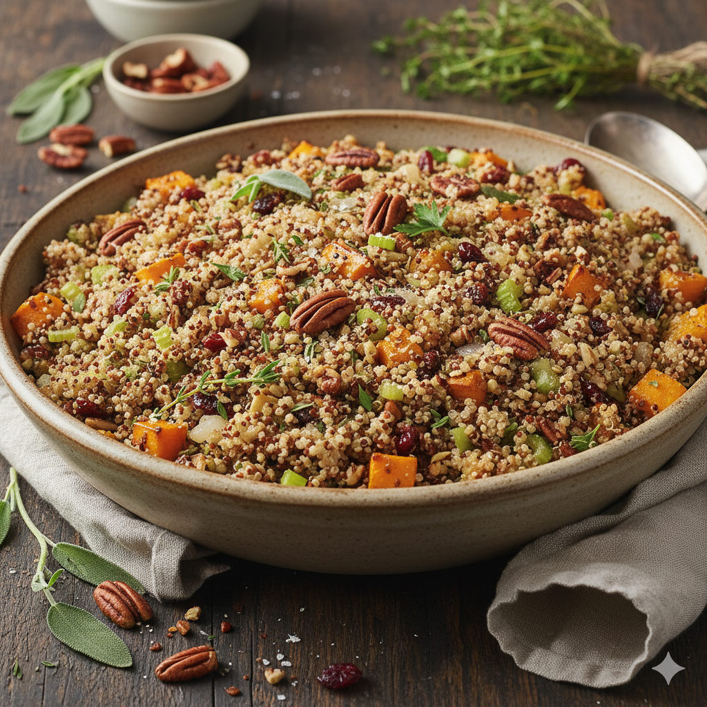 Bowl of gluten-free quinoa stuffing with fresh herbs, pecans, and cranberries - a gut-friendly Thanksgiving side dish