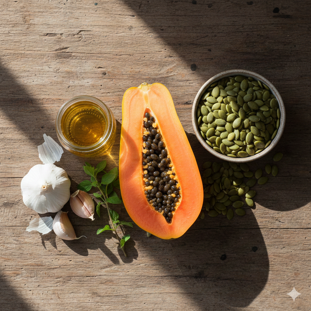 Parasite cleanse diet showing antiparasitic foods like garlic and pumpkin seeds versus foods to avoid like sugar and processed carbs