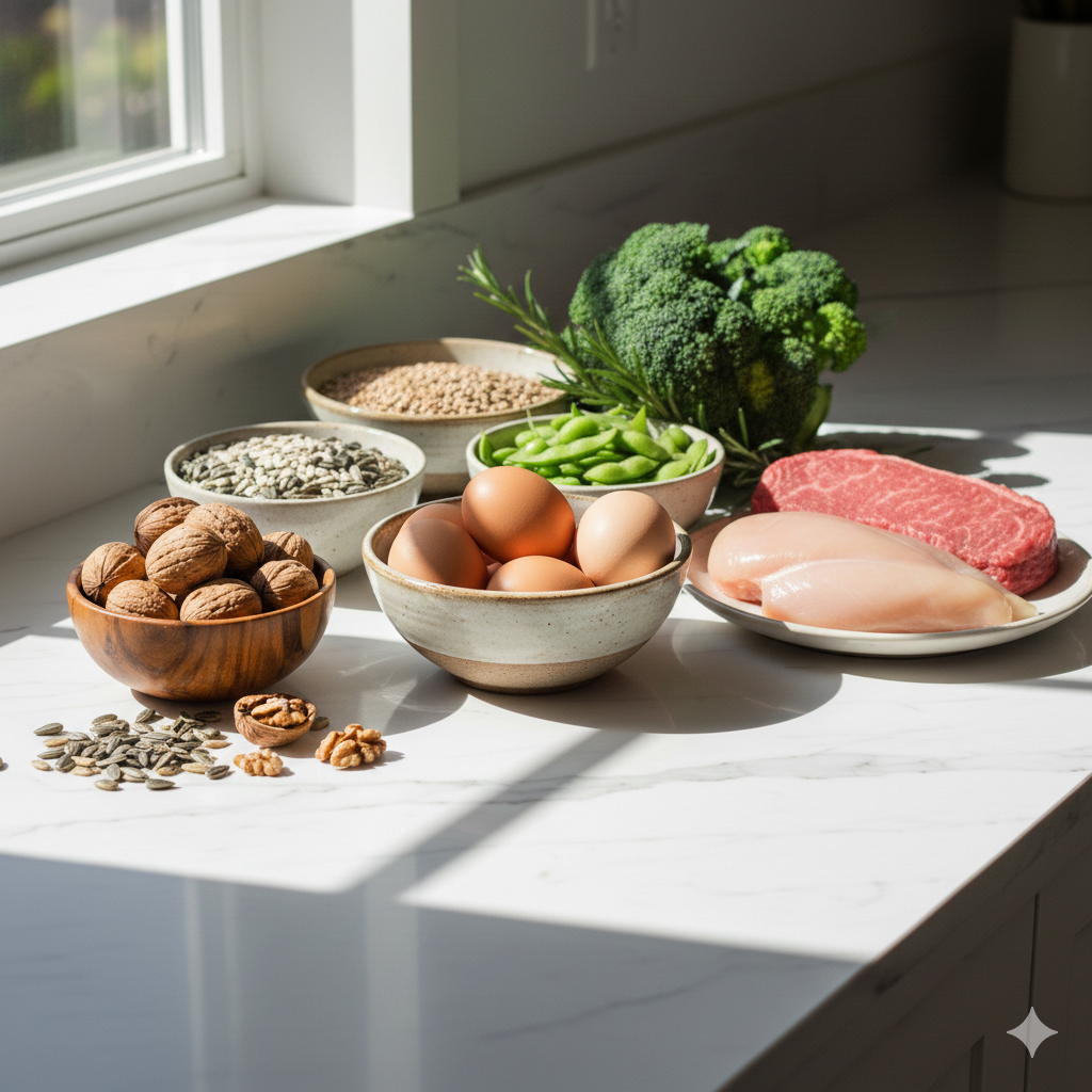 Plate of food that are high in cysteine, an amino acid that is beneficial for gut health by repairing gut lining