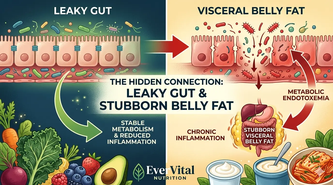 graphic describing the relationship between visceral fat accumulation and leaky gut as a potential cause