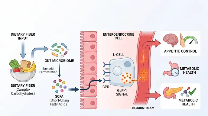 Diagram of gut microbiome producing short-chain fatty acids to trigger GLP-1 release
